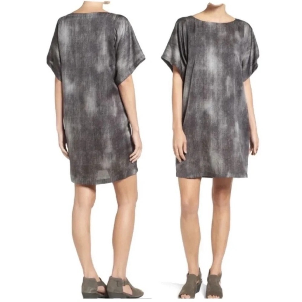 Eileen Fisher Silk Dress Kimono-Sleeve Hazy-Print Silk Cotton Boxy Oversized XXS